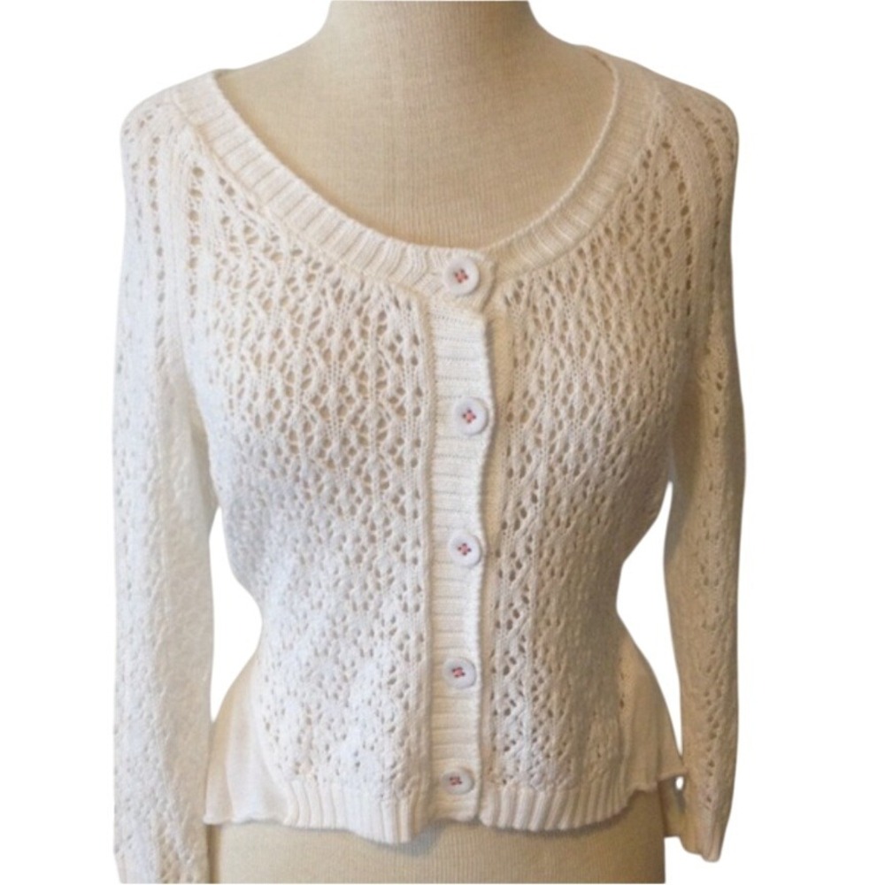 Knitted & Knotted Anthropologie Cream Open Knit Cardigan‎ L Layering Sweater